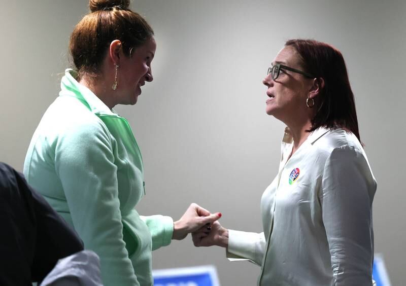Amy “Murri” Briel, (right) Democratic candidate in the 76th District state representative race, greets DeKalb Ward 1 alderman Carolyn Zasada Tuesday, Nov. 5, 2024, at the election night watch party at River Heights Golf Club in DeKalb.