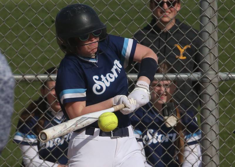 Bureau Valley's Kadyn Haage makes contact with the ball against Princeton on Thursday, April 25, 2024 at Bureau Valley High School.