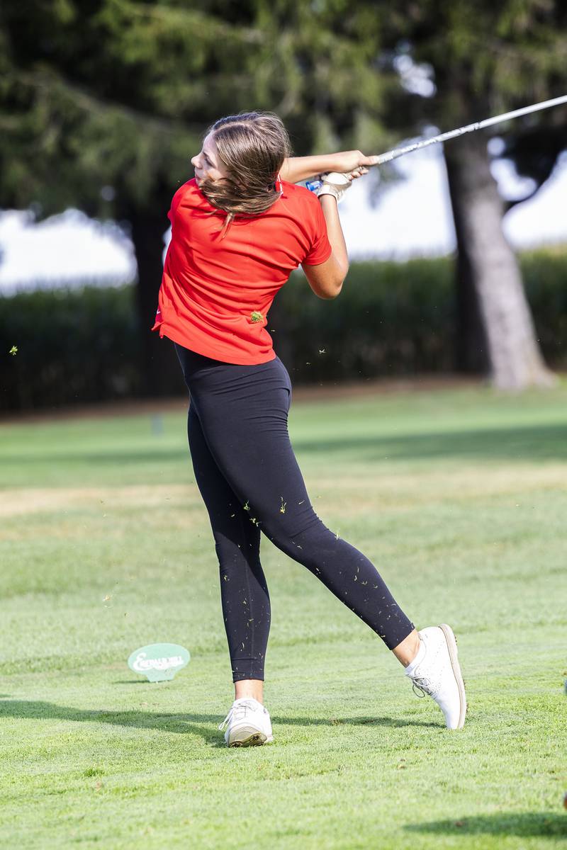 Erie-Prophetstown’s Izzy Johnston tees off on #2 at Emerald Hill Wednesday, Sept. 24, 2025.