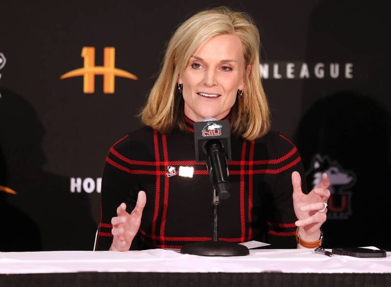 Horizon League Commissioner Julie Roe Lach speaks during a press conference Thursday, Feb. 27, 2025, at the Convocation Center to announce that NIU will be joining the Horizon League starting with the fall 2026 season for most sports other than football, which will be moving to the Mountain West Conference.