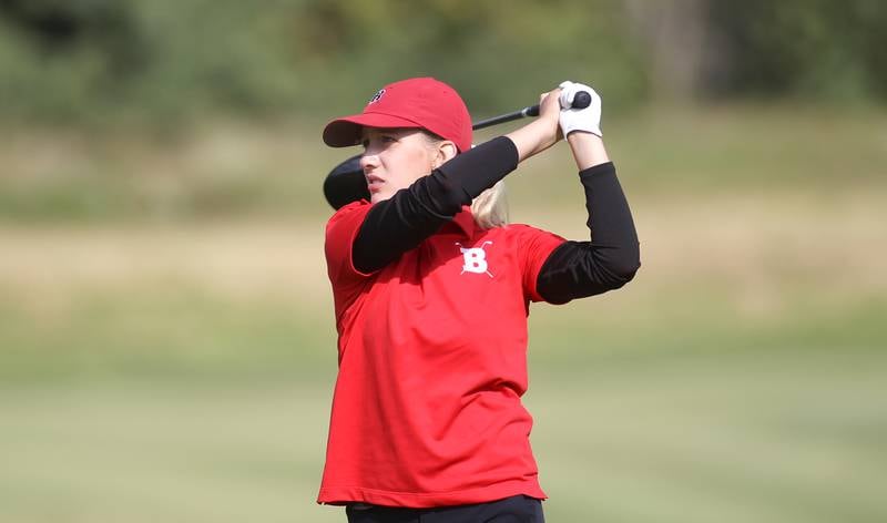 Barrington’s Leah Gaidos tees off during the Class 2A South Elgin Regional at the Highlands of Elgin on Thursday, Sept. 29, 2022.