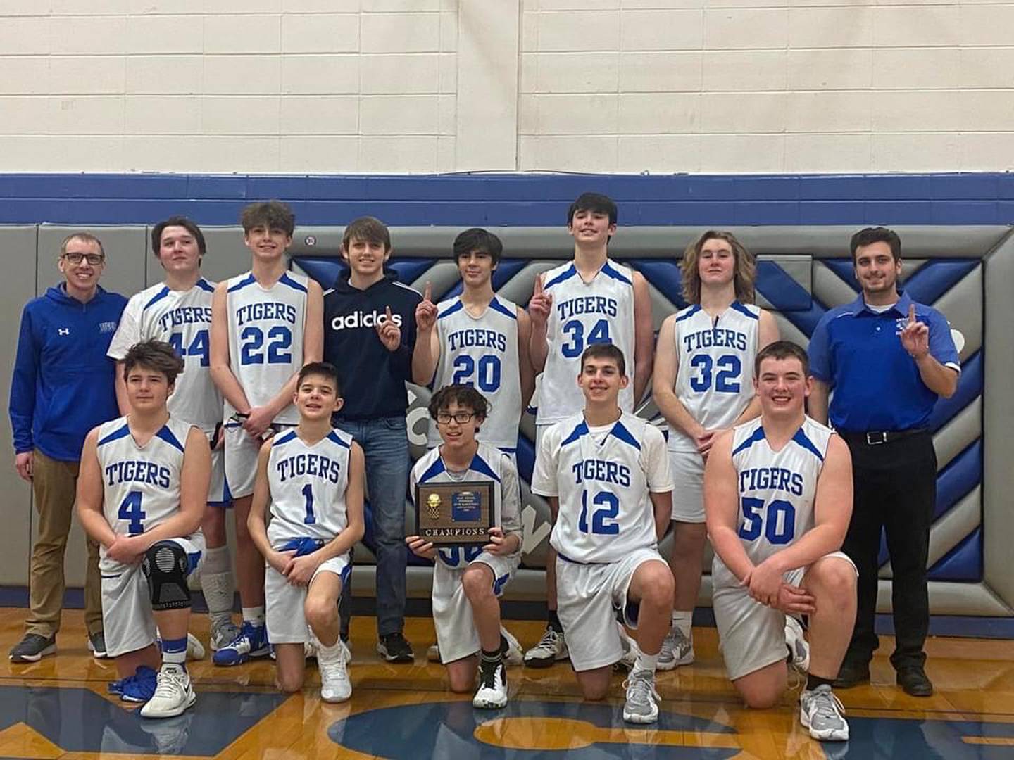 Princeton won its own freshmen boys basketball tournament on Saturday, defeating Bureau Valley, the Princeton sophomore “B” team, Sterling and Rock Falls. Team members are: Jayden Fulkerson, Wyatt Koning, Rashawn Phillips, Asa Gartin and Cade Odell; and (back row) coach Mark Rabe, Jordan Reinhardt, Chase Stewart, Arthur Burden, Liam  Swearingen, Noah LaPorte, Ian Morris and coach Trent DeVenney.