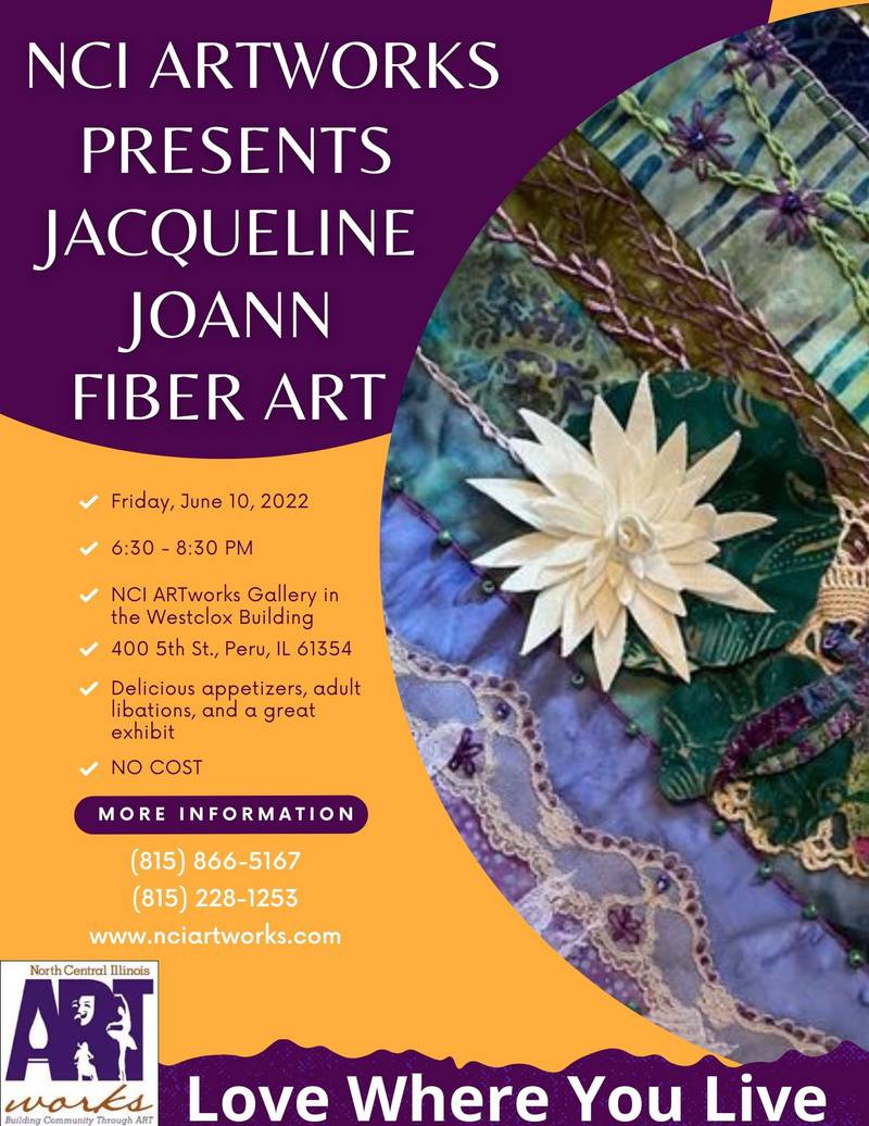 NCI ARTworks will host the opening reception for fiber artist Jacqueline Hughes from 6:30 to 8:30 p.m. Friday, June 10, at the Westclox building gallery space in Peru.