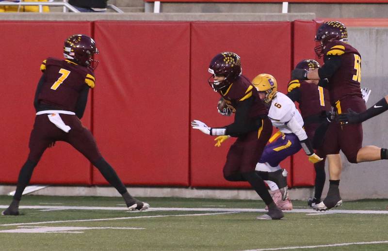Montini Catholic's CJ Harkins eyes the endzone to score a touchdown over Monticello during the Class 3A State football championship on Friday, Nov. 29, 2024 at Hancock Stadium in Normal.