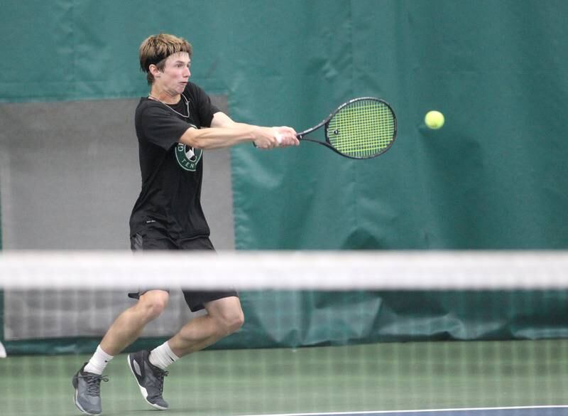 Glenbard West's Sullivan Monteith returns the ball to Peter Alshouse of Loyola Academy (not pictured) during the first round of the 2A IHSA boys tennis state championships at the Five Star Tennis Center in Plainfield on Thursday, May 26, 2022.