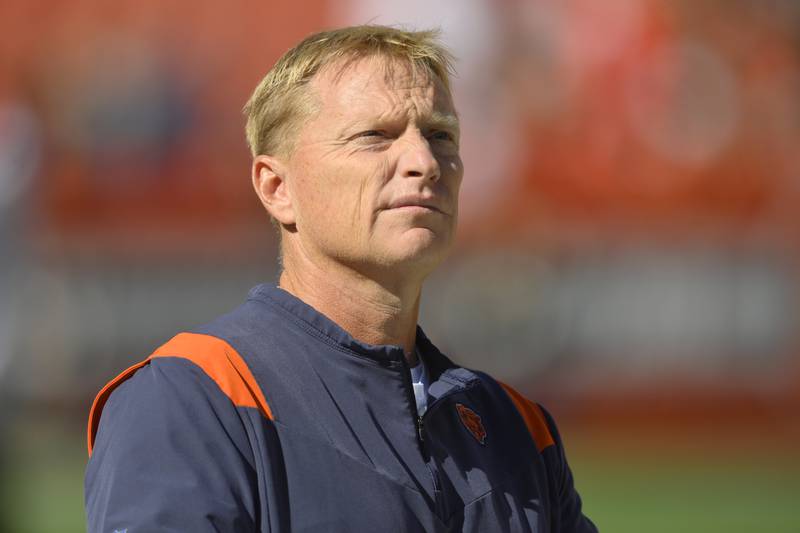 Chicago Bears special teams coordinator Chris Tabor walks on the field during an NFL football game against the Cleveland Browns, Sunday, Sept. 26, 2021, in Cleveland. The Browns won 26-6.