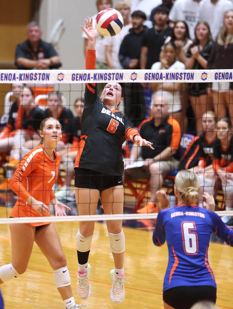 DeKalb's Adisyn Galijatovic spikes the ball during their game Wednesday, Sept. 11, 2024, at Genoa-Kingston High School.
