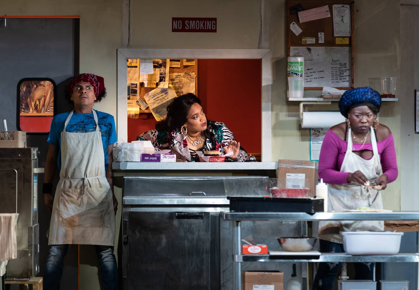 Reza Salazar (from left) as Rafael, Danielle Davis as Clyde, and Nedra Snipes as Letitia  in Goodman's "Clyde's."