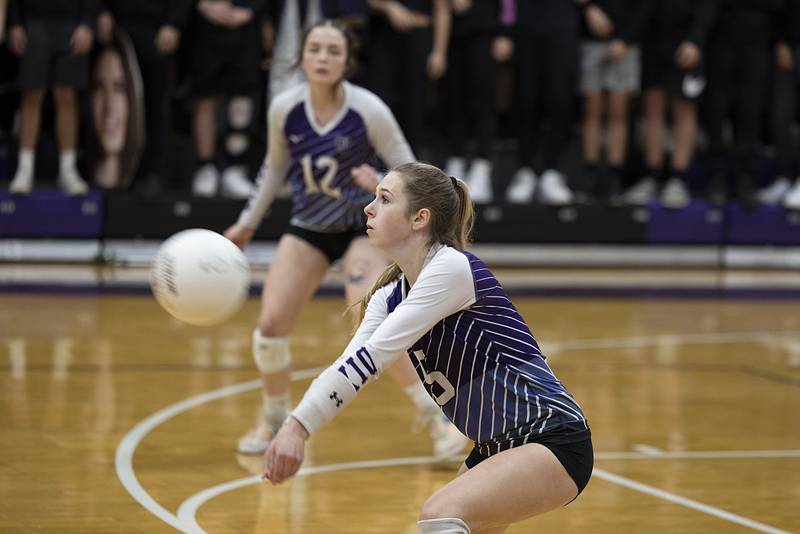 Dixon’s Morgan Hargrave plays a shot Thursday, Oct. 27, 2022 in the volleyball regional final against Galesburg.