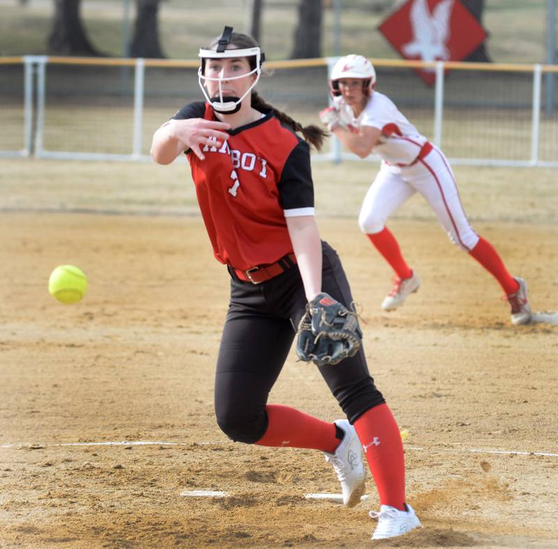 Amboy's Ellie McLaughlin delivers a pitch against Oregon on Tuesday, March 18, 2025 during a game at Oregon Park West.