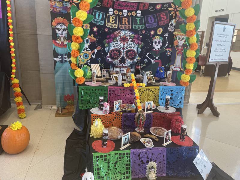 One of 10 ofrendas on display at the DeKalb Public Library on Nov. 4, 2023 during the inaugural Day of the Dead "Celebration of Life."