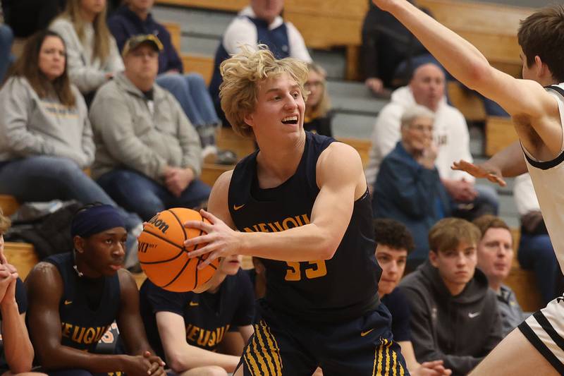Neuqua Valley’s Andrew Hoffman looks to pass against Lincoln-Way West on Saturday, Feb. 1, 2025.