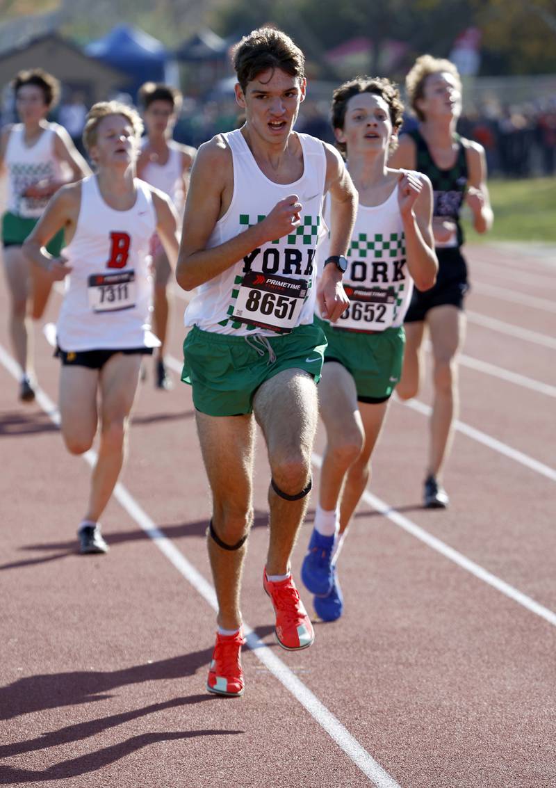 Patrick McGrail, left, and Carter Olsen both of York during the IHSA Class 3A Lake Park cross country sectional  Saturday, Nov. 2, 2024 in Roselle.