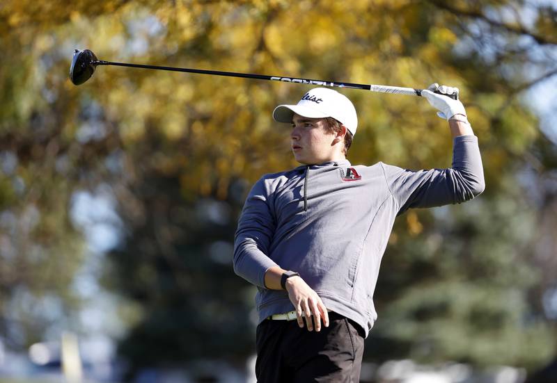 Rylan Frazerof Antioch tees off at the IHSA Class 2A Kaneland boys golf sectional  Monday, Oct. 7, 2024 at at Hughes Creek in Elburn.
