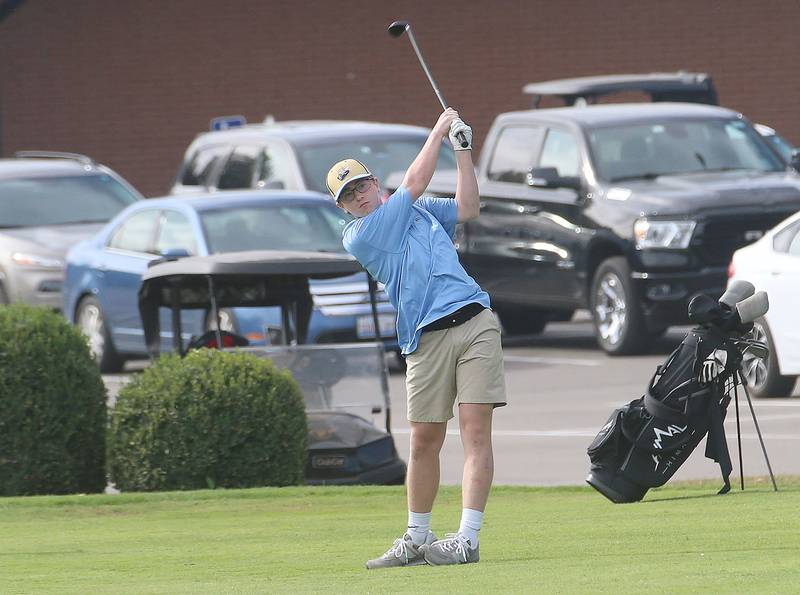 Marquette's Baron Hellman tees off during the Class 1A Regionals on Wednesday, Oct. 1, 2025 at Deer Park Golf Club in Oglesby.