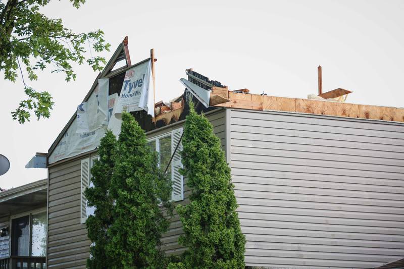 Two Huntley apartment buildings, including this one at 10713 Timer Drive, received heavy damage from a likely tornado on Wednesday, July 12, 2023. The Huntley Fire Protection District and Huntley Police Department were on the scene. Other buildings are reportedly damaged in the area., with residents displaced.