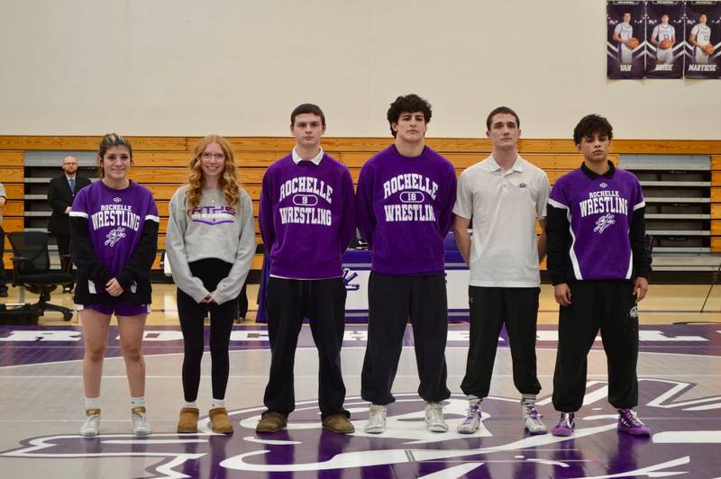 Rochelle wrestlers and student managers are recognized on senior night on Jan. 21, 2026.