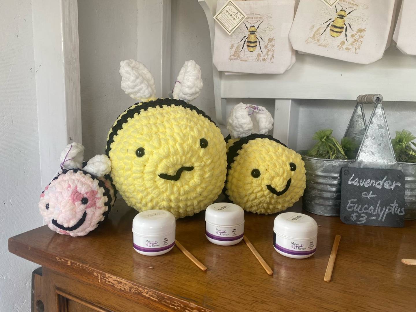 These handmade crochet bees made by Wanda McGravey, of Morris, are sold at Nettle Creek's farm stand.