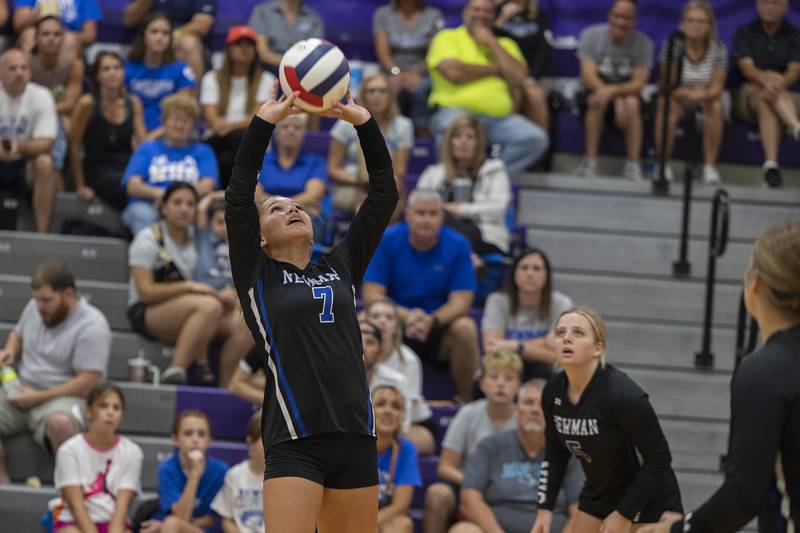 Newman’s Makenzie Duhon sets the ball Monday, August 28, 2023 during a non-conference match-up in Dixon.