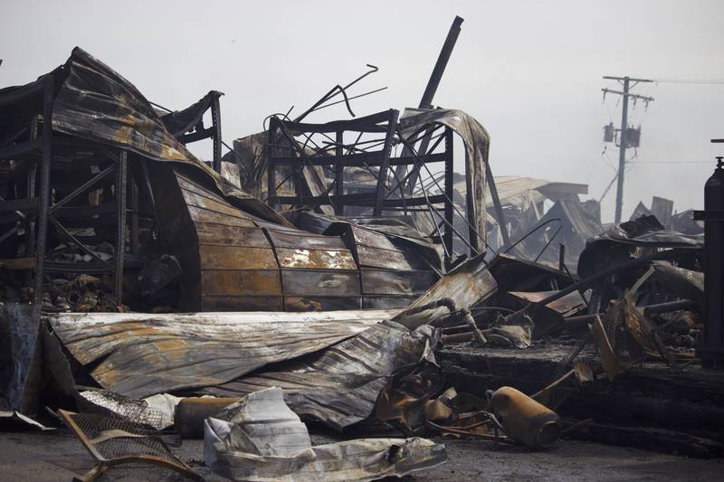 The wreckage from of a fire on Monday, April 14, 2025, that destroyed a building at the site for Rovanco Piping Systems, 20535 SE Frontage Road, Joliet.