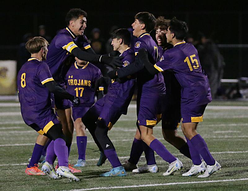 Members of the Mendota boys soccer team celebrate after scoring a goal against Peoria Christian in the Class 1A Sectional semifinal match on Wednesday, Oct. 19, 2022 in Mendota.