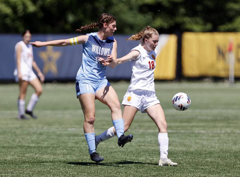 Willows' Veronica Presberg (15) fights for control of the ball against Richmond-Burton's Rachel Mendlik (18) during the Class 1A Dominican super-sectional between Willows Academy and Richmond-Burton HS in River Forest on Saturday, May 25, 2024.