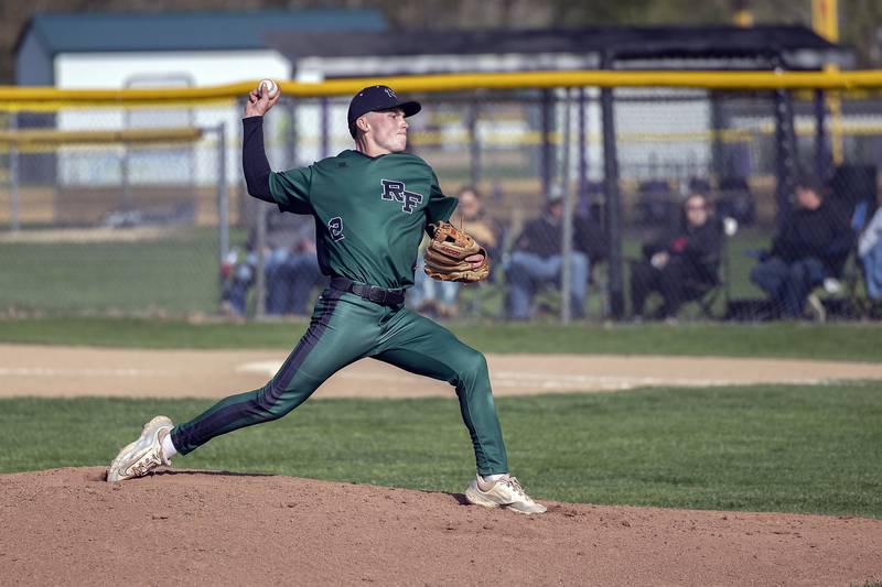 Rock Falls’ Ethan Mathews fires a pitch against Dixon Tuesday, April 29, 2025.