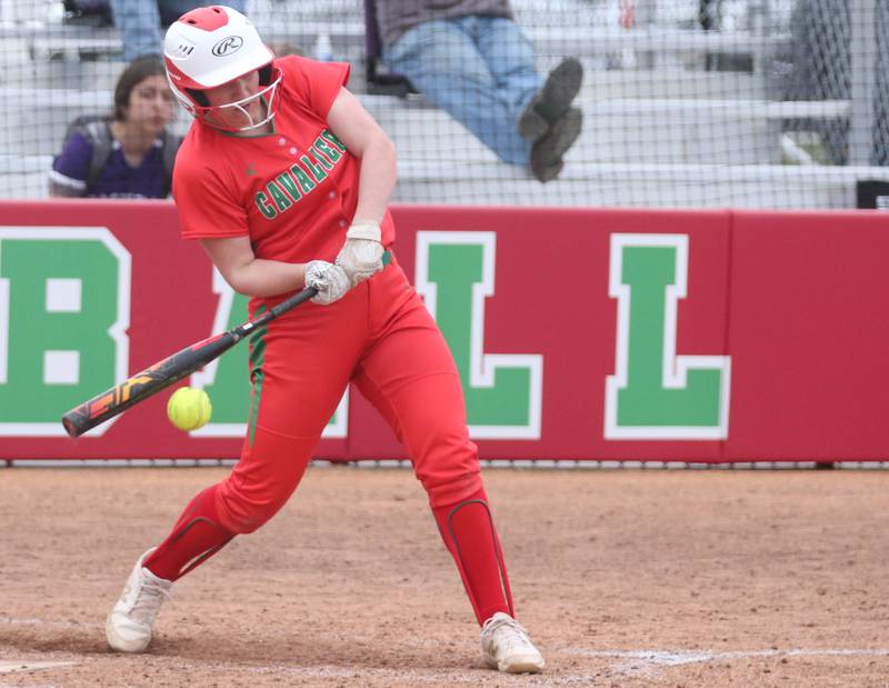 L-P's Abby Freeman smacks a hit against Rochelle on Wednesday, April 10, 2024 at the L-P Athletic Complex in La Salle.