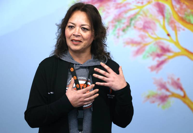 DeKalb School District 428 Superintendent Minerva Garcia-Sanchez talks about the new transition program facility Friday, Aug. 9, 2024, during the Beyond One Barb Transition Center Construction Kick-Off event at the new site at 530 Charter St. in DeKalb.