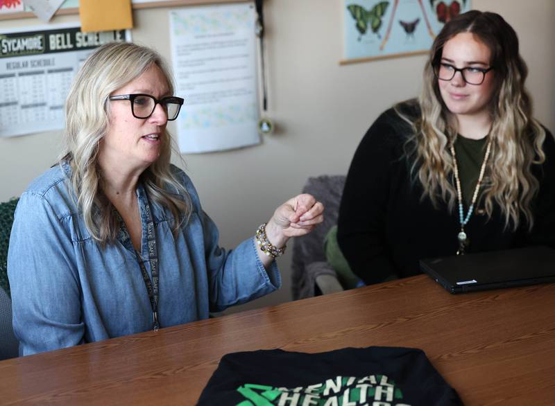 Maryellen Spicer (left) and Mallory Wolf, social workers at Sycamore High School, talk Wednesday, April 16, 2025, at the school about the Student-Athlete Support Coalition that they are a part of that gives support to student athletes at the school.