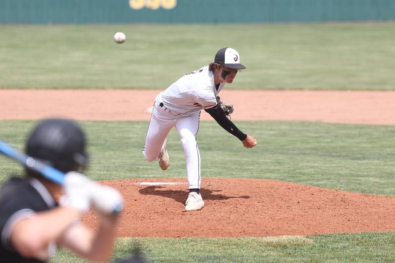 Lincoln-Way West’s Lucas Acevedo delivers a pitch against Lincoln-Way Central in the Class 4A Providence Sectional semifinal on Wednesday, May 29, 2024 in New Lenox.