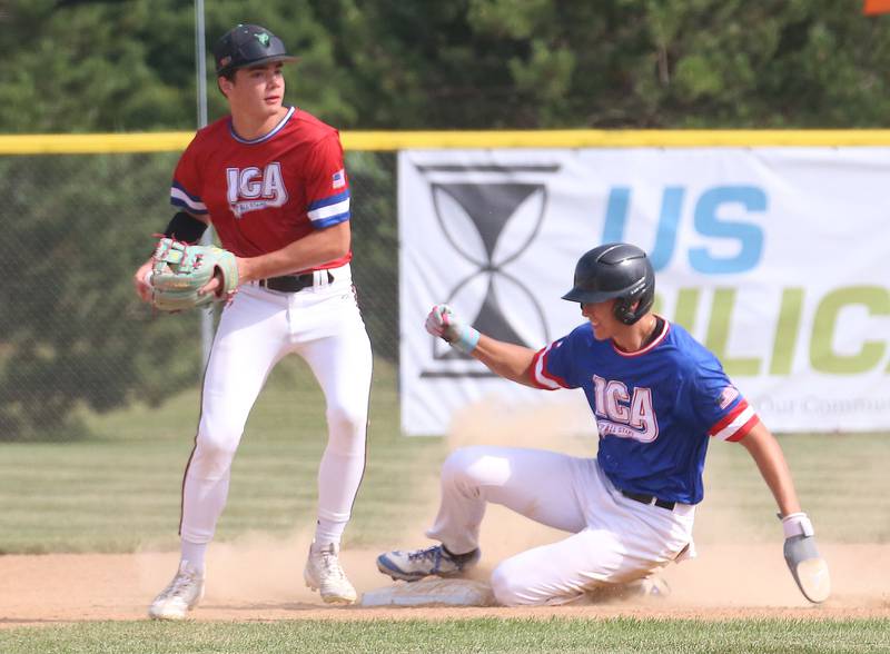 Dwight's Owen Dunlap (left) forces out Limestone's Alec during the ICA Senior Baseball All Star Game on Monday, June 30, 2025 at Schweickert Stadium in Peru.