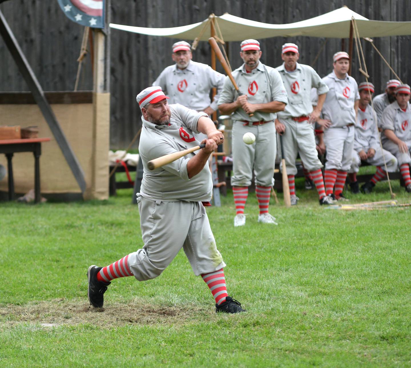 Oregon Ganymede Ryan "Morty" Mortlock gets a hit at the 21st Annual World Tournament of Historic Base Ball in Dearborn, Michigan on Saturday, Aug. 10, 2024.