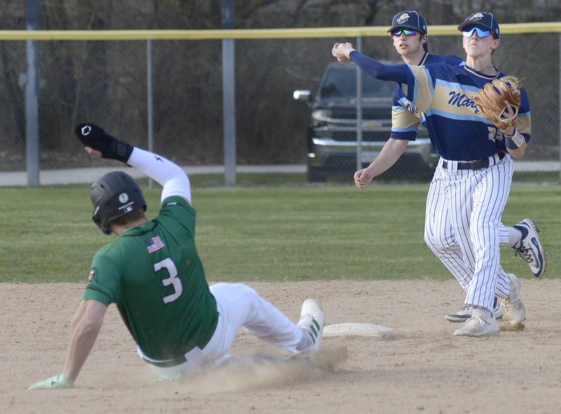 Marquette’s Griffin Dobberstein completes a double play as Dwight’s Luke Gallet attempts to break it up Thursday at Masinelli Field in Ottawa