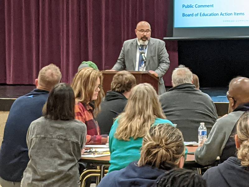 Oswego School District 308 Superintendent Andalib Khelghati addresses those attending a Nov. 4 public forum at Plank Junior High School.