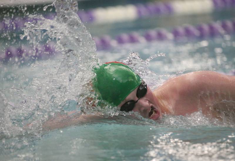 L-P Co-op swimmer Tucker Ditchfield competes in the 500  yard freestyle event during a triangular meet against Morrison and Olympia on Wednesday, Jan. 22, 2025 at the Illinois Valley YMCA in Peru.