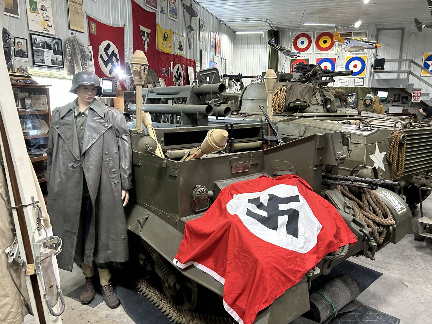Roberts Armory, a WWII historical museum near Rochelle, has a wide variety of memorabilia displayed including uniforms and flags from American, Russian, Japanese, and German armies.