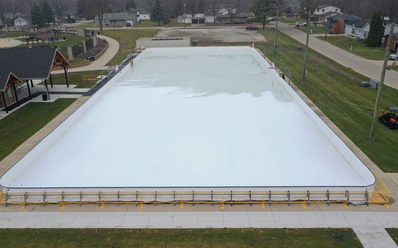 An aerial view of the The Schweickert Arena ice rink on Tuesday, Nov. 25, 2025 in Peru. The ice rink opens this weekend at Washington Park.  The concession stand that will be open on occasions during the season  Skate rental will not be available this year, but will be available in the future. Logistics are still being worked out but the city hopes to have the rink fully operational during Washington Park hours 6a.m.-10p.m. daily.