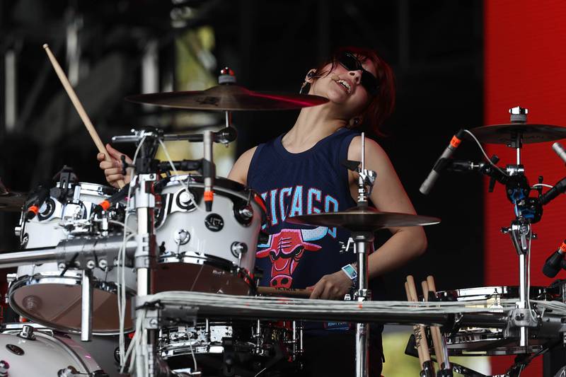 Paulina Villarreal of The Warning plays the drums at Riot Fest on Friday, Sept. 20, 2024 in Chicago.