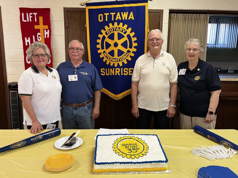 An anniversary celebration was held at the Sunrise Rotary's regular breakfast meeting on Friday, June 7, 2024, The District Foundation Chair Laura Kann spoke and the four founding members, Sandy Robinson, Gary Robinnson, Eldon Leemhuis and Nancy Leemhuis presented a history of the club.