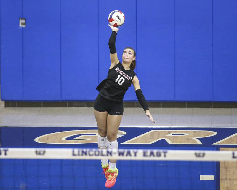 Lockport's Natalie Bochantin (10) serves during volleyball match between Lockport at Lincoln-Way East. Oct 14, 2025.