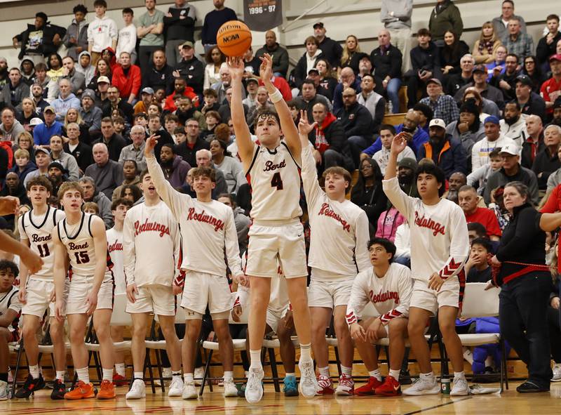 Benet's Ethan MacDermot (4) takes a three-point shot during the When Sides Collide Shootout basketball tournament between Benet Academy and Warren Township high schools on Saturday, Jan. 24, 2026 in Lisle, IL.