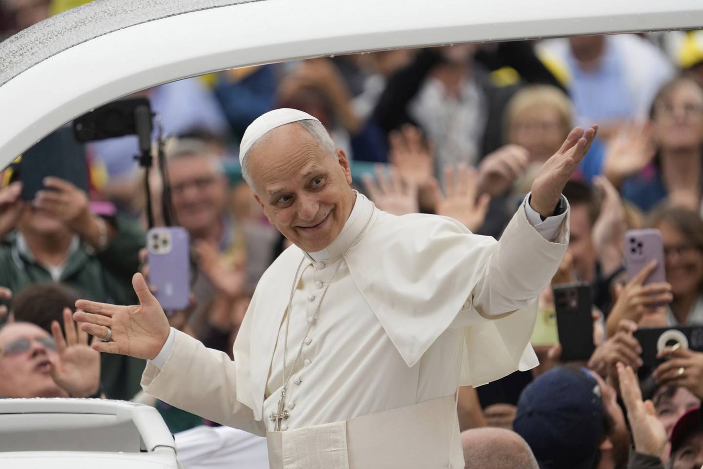 FILE - Pope Leo XIV arrives for his weekly general audience in St. Peter's Square, at the Vatican, Wednesday, Sept. 10, 2025. (AP Photo/Gregorio Borgia, File)