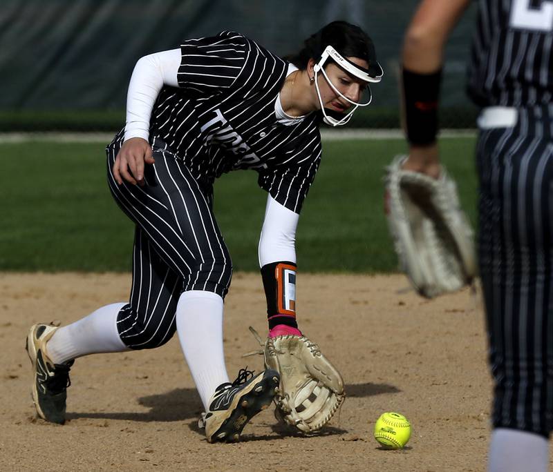 Crystal Lake Central's Elise Thorsen fields the ball during a Fox Valley Conference softball game against Prairie Ridge on Monday, April 20, 2026, at Prairie Ridge High School.