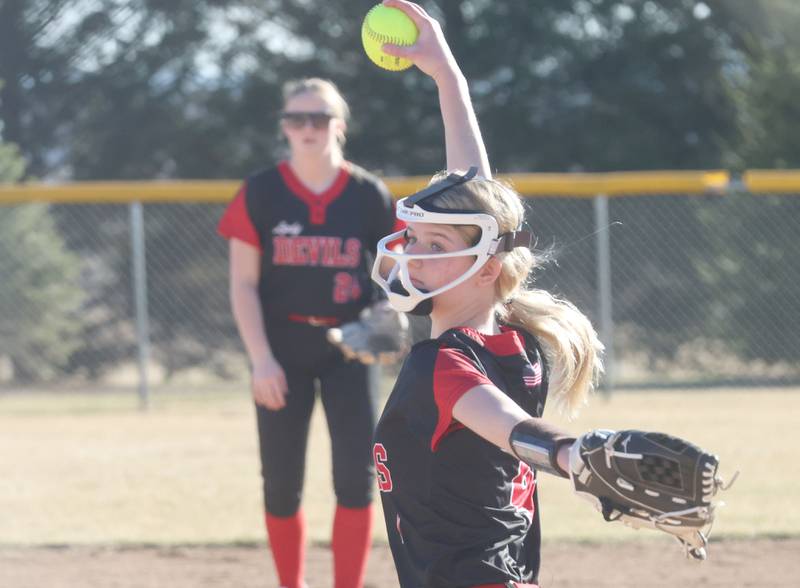 Hall pitcher Madison Krewer lets go of a throw to Bureau Valley on Monday, March 9, 2026 at Bureau Valley High School.