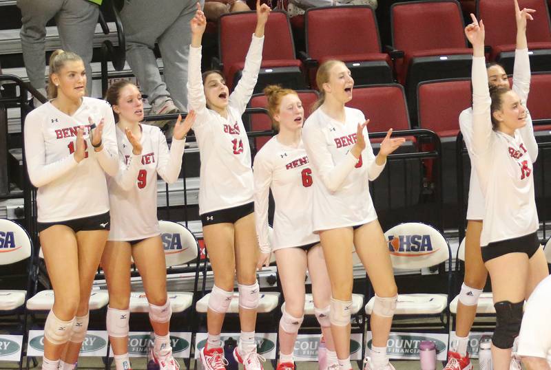 Members of the Benet Academy volleyball team react after getting a point against Huntley during the Class 4A State semifinal game on Friday, Nov. 15, 2024 at CEFCU Arena in Normal.