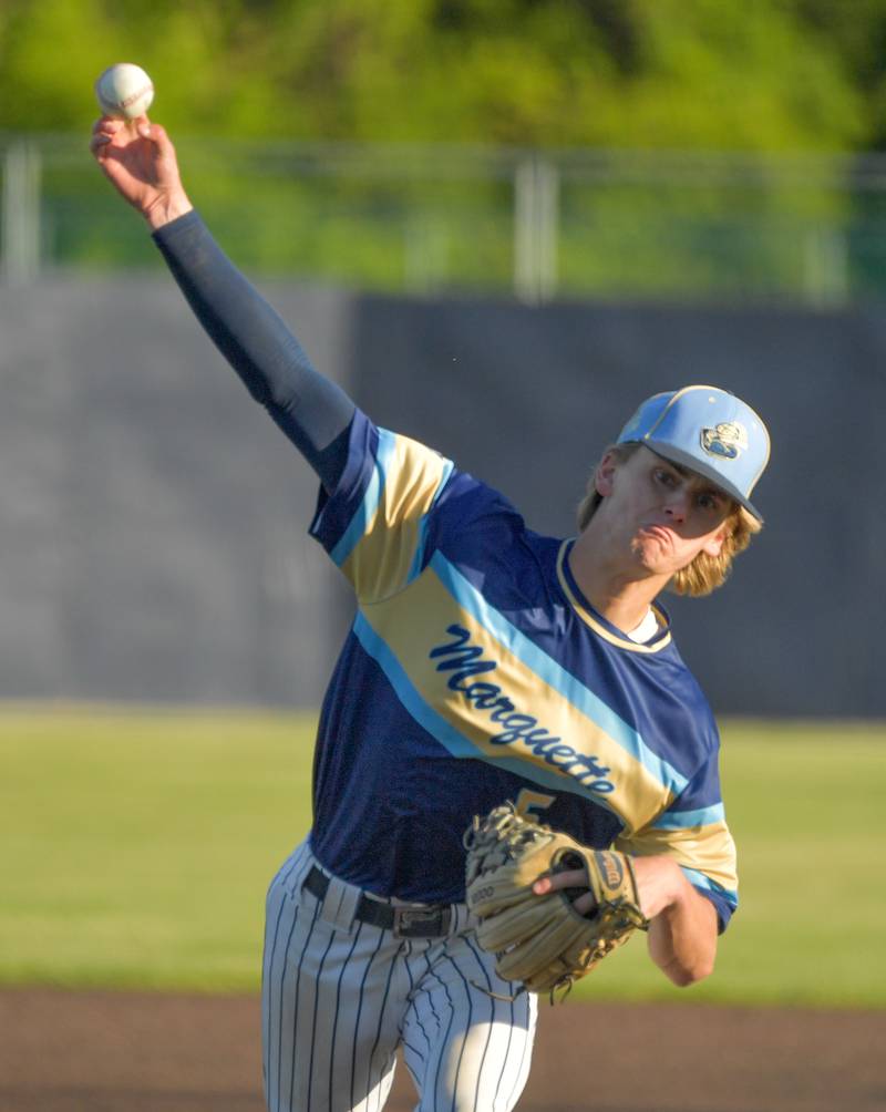Marquette Academy's Logan Nelson (5) throws against Chicago Hope Academy during the 1A baseball sectional semifinal at Judson University in Elgin on Thursday, May 25, 2023.
