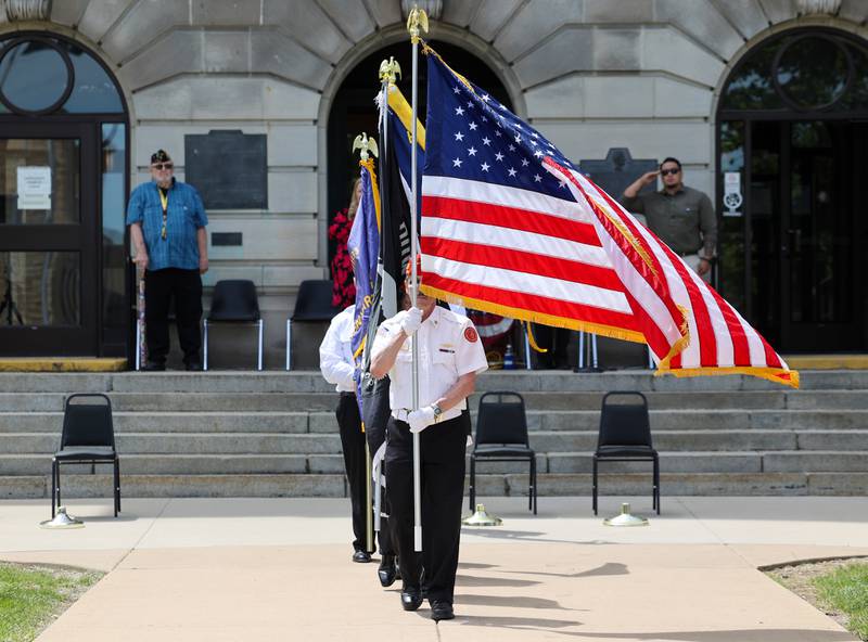 Members of Kankakee Veterans Council Color Guard retire the colors on Monday, May 26, 2025, during the Kankakee County Veterans' Council annual Memorial Day Ceremony at the Kankakee County Courthouse.