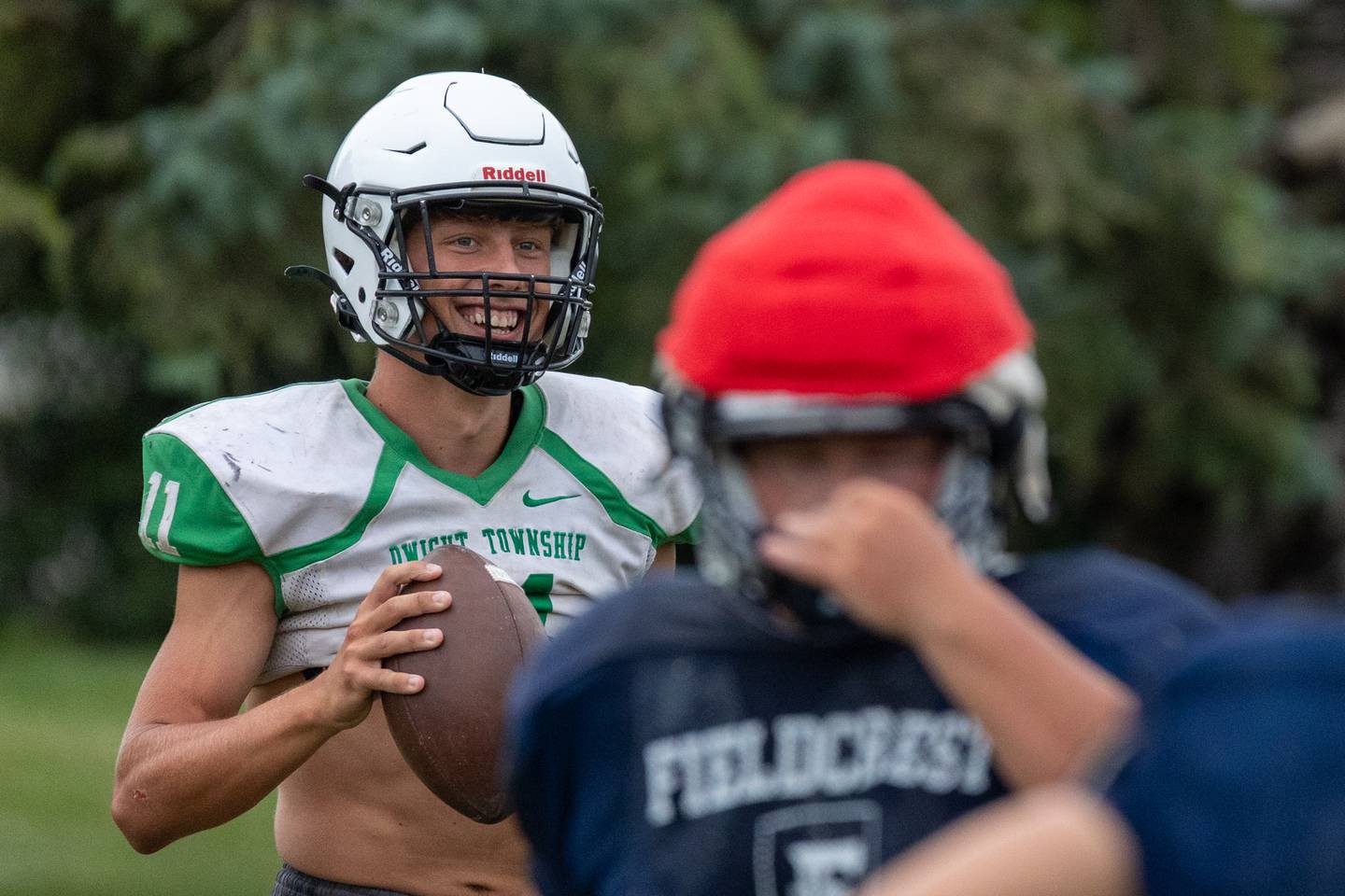 Joey Starks of Dwight holds football on Thursday, July 17, 2025 at Dwight High School in Dwight.