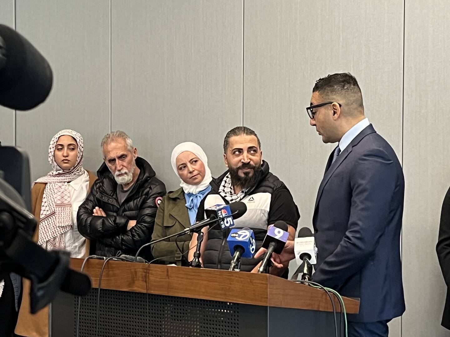 Odai Alfayoumi, (center) the father of Wadee Alfayoumi, 6, speaks at a news conference on Friday, Feb. 28, 2023, with Ahmed Rehab, executive director of the Chicago office of the Council on American-Islamic Relations. The conference was held after a Will County jury found Joseph Czuba, 73, guilty of the murder of Alfayoumi's son and the attempted murder of his ex-wife, Hanan Shaheen, 33.